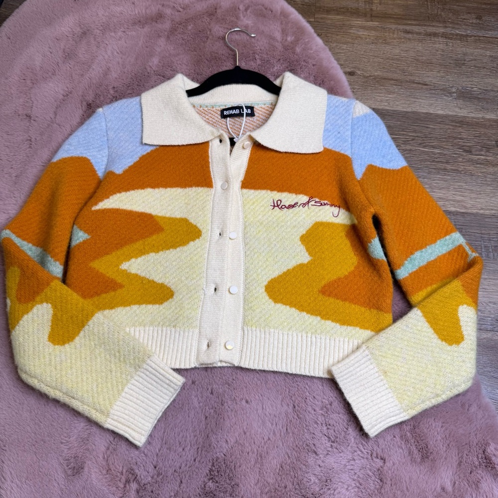 Landscape Collared Cropped Cardigan in Orange & Cream